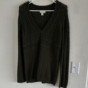 LOFT Dark Olive V-Neck Textured Knit Sweater